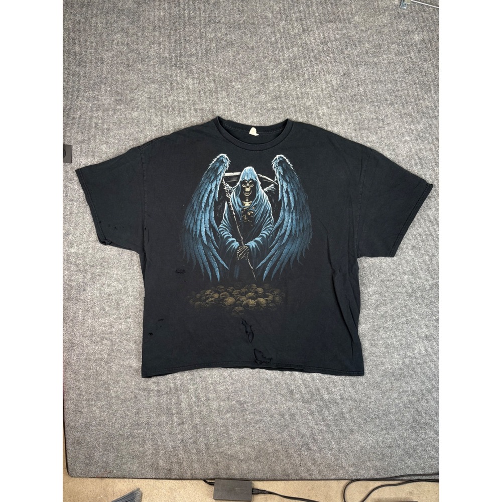 Vintage Grim Reaper Graphic T-Shirt Black Blue Wings Skulls Distressed Mens 2XL